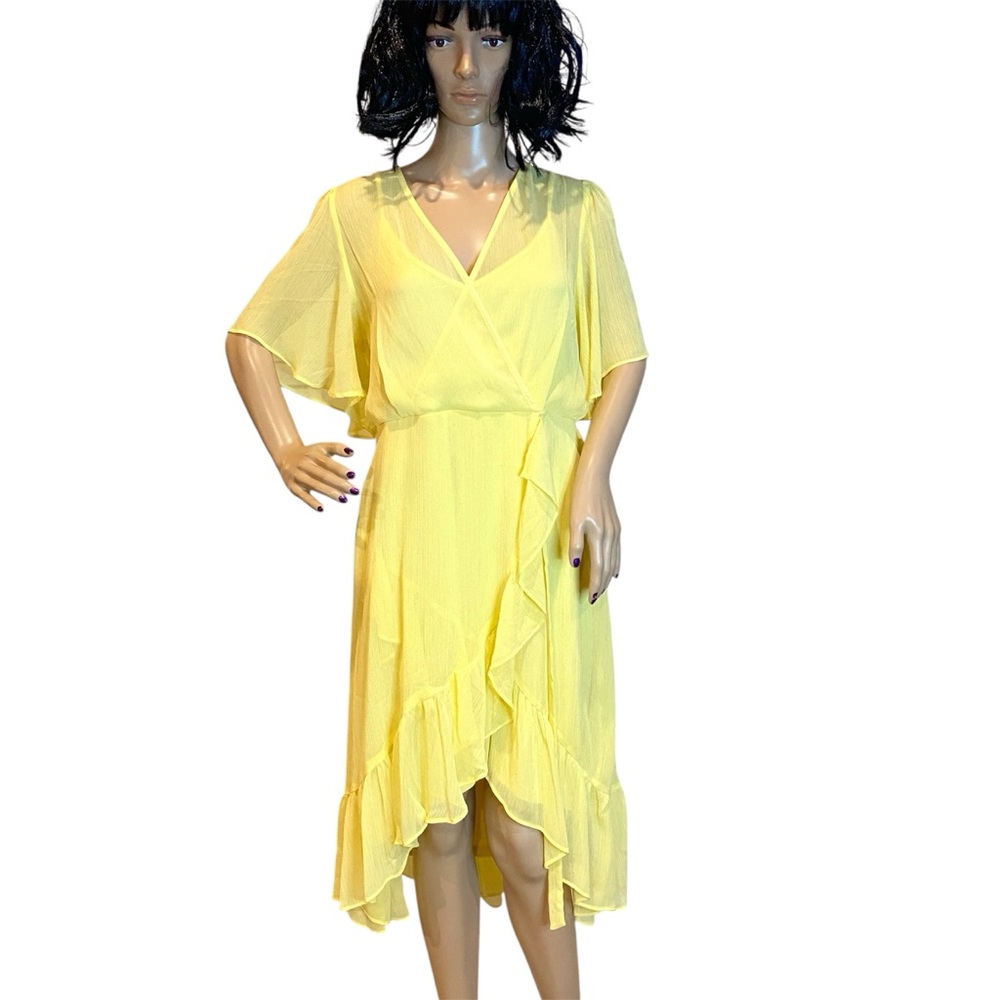 Calvin Klein Yellow High-Low Faux Wrap Chiffon Flutter Sleeve Dress Size 10 EUC